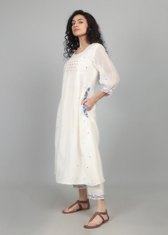 Ivory Mul Chanderi Smocking Kurta Set