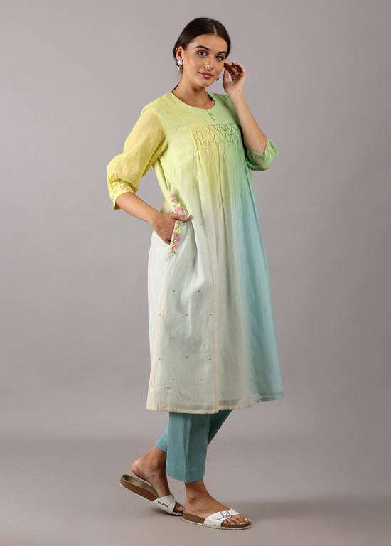 GODAVARI – Blue Yellow Pastel Ombre Smocking Kurta Set
