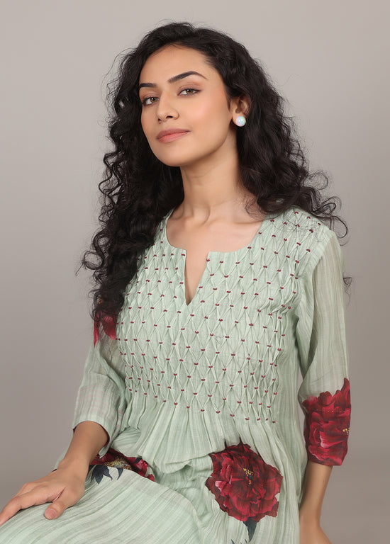 Pista Green Smocking Floral Kurta Set