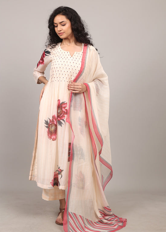 Ivory Floral Smocking Kurta Set
