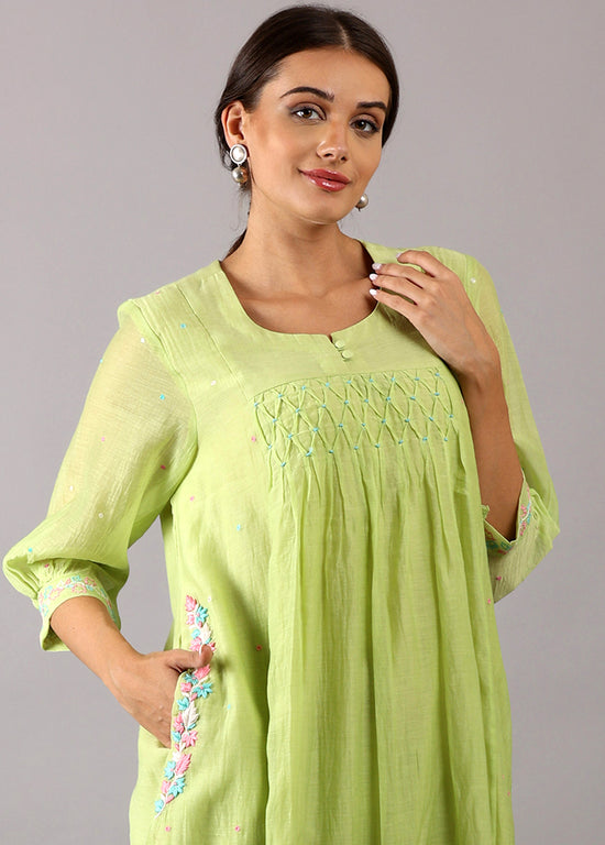 GODAVARI - Lime Green Smocking Kurta Set