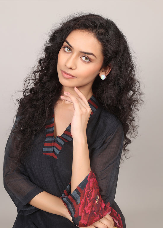 Black Asymmetrical Floral Kurta Set