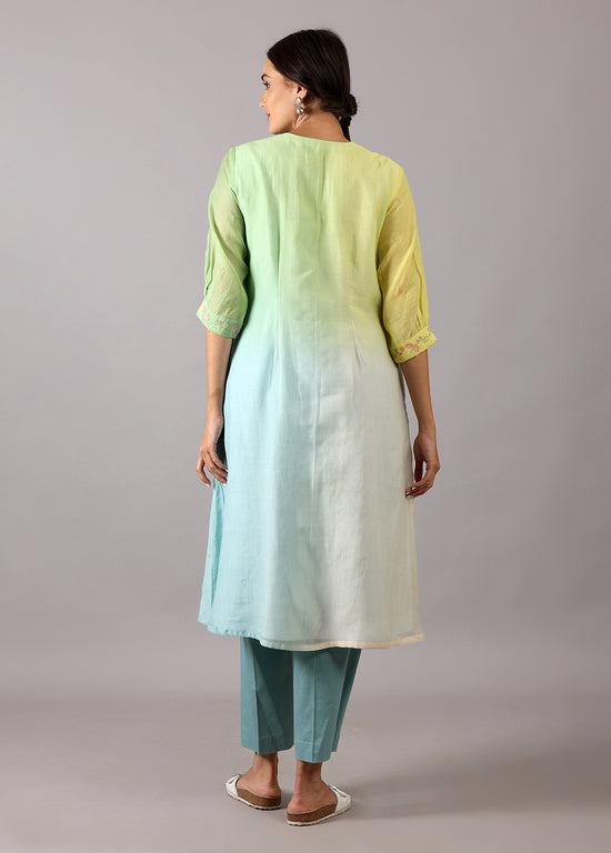 GODAVARI – Blue Yellow Pastel Ombre Smocking Kurta Set