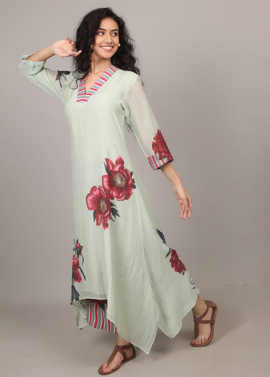 Pista A-line Floral Kurta Set