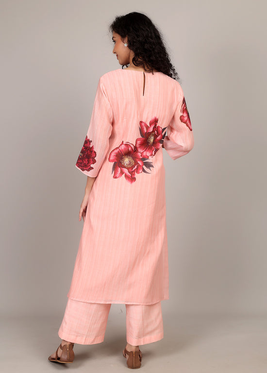 Peachy Pink Floral Smocking Kurta Set