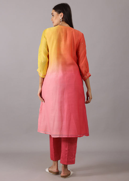 GODAVARI - Peach Yellow Ombre Smocking Kurta Set