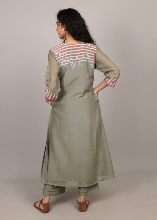 Moss Green Smocking Floral Kurta Set