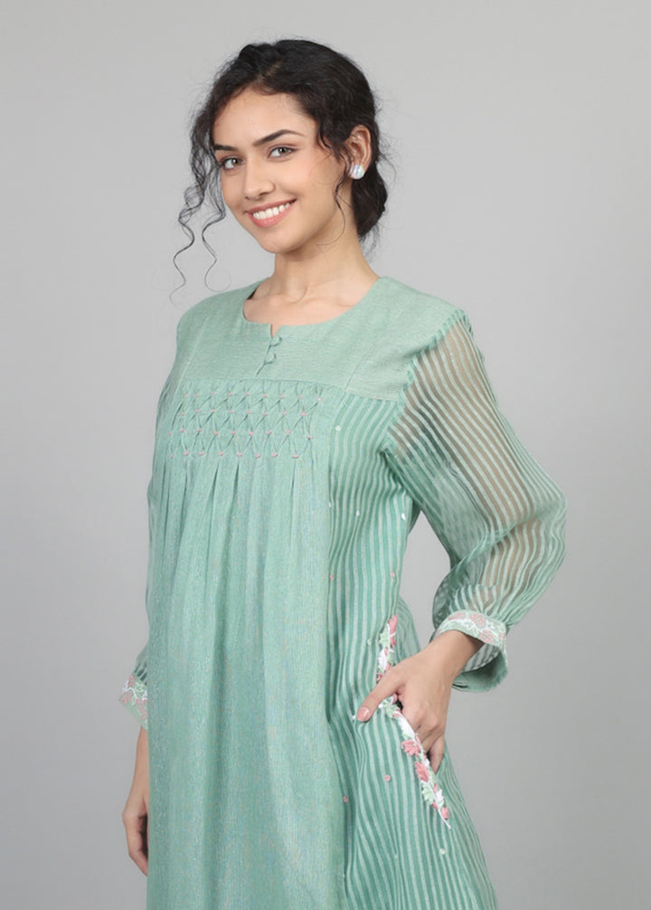 Sage Green Cotton Organza Smocked Kurta Set
