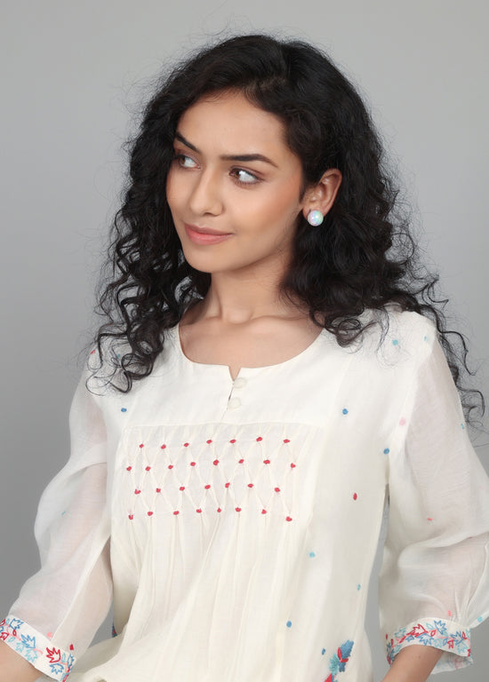 Ivory Mul Chanderi Smocking Kurta Set